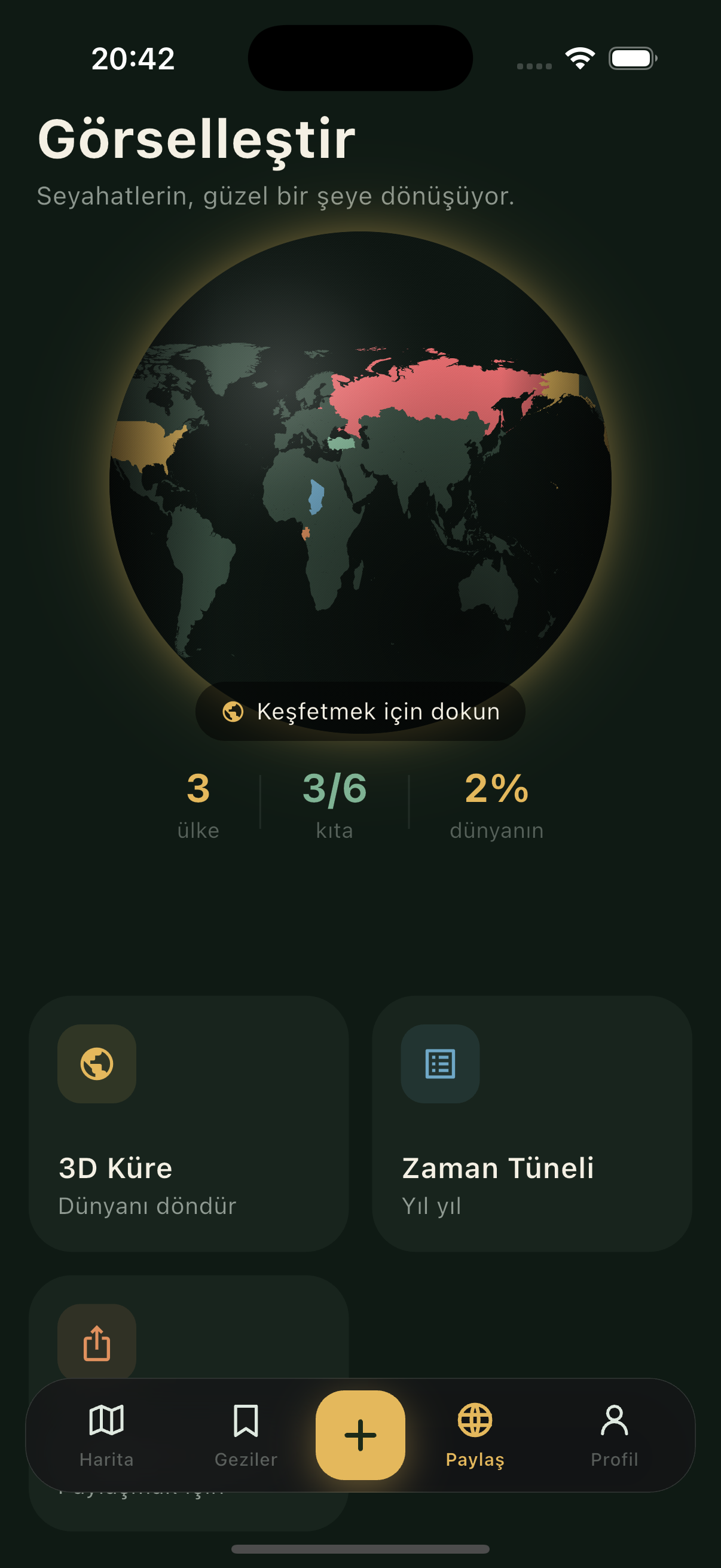 Pinliyo globe view with golden highlights on visited countries